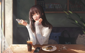 戴眼镜的动漫女孩，佛系坐在餐馆喝着咖啡馆组成唯美壁纸风景，4k高清动漫壁纸
