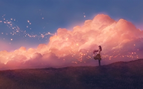 动漫少女在草地仰望天空中的云朵，一幅唯美壁纸动漫4k壁纸
