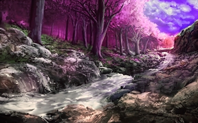 唯美壁纸动漫绘画壁纸，科幻色彩的树木充满森林中的河谷，4k唯美风景壁纸
