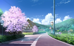 唯美壁纸风景，公路边的樱花小镇，乡下村庄春天的唯美4k动漫风景壁纸
