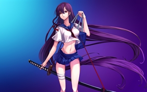 Katana Girl Purple长发动漫美女战士武士刀4K动漫高清壁纸
