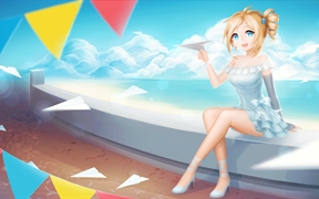 海边的动漫女孩在玩纸飞机,可爱动漫女生4K壁纸
