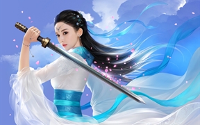 中国风古装3D插画，古风动漫美女玄铁剑青釭剑在手长发飘逸在蓝天白云下的5k动漫美女壁纸

