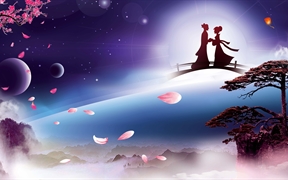 浪漫唯美壁纸，七夕鹊桥相会在迎客松上，月亮天空的6k动漫唯美壁纸
