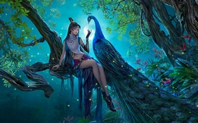 大树上的动漫美女带着孔雀享受皎洁的月光，夜空下动漫美女大长腿很亮眼的4K高清壁纸
