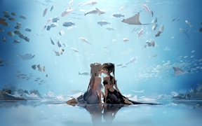 两个动漫少女水族館看鱼，赤足露背唯美壁纸风景，玩水湿身迷人眼神的4k高清动漫壁纸
