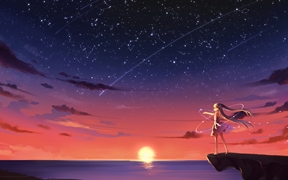 动漫少女黄昏在海边悬崖上看着满天的星空，唯美动漫4k图片壁纸
