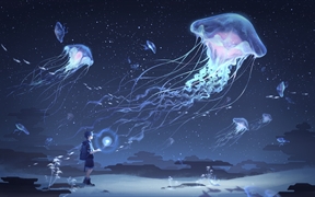 星空水母下唯美壁纸，动漫男孩行走在唯美的夜景下的4k动漫壁纸
