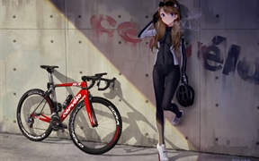 自行车骑手可爱动漫少女靠在墙壁上休息，运动女孩凸显修长身材的4k动漫壁纸
