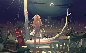 vofan动漫少女背景4k壁纸，唯美壁纸河边看月亮的动漫风景

