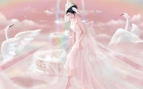 漂亮的动漫美女在彩色喷泉中跳舞，天鹅陪伴下梦幻如仙境一样在云雾中5K高清动漫壁纸
