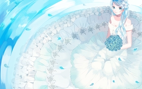 装扮蓝色动漫女孩手握玫瑰穿着美丽婚纱的4K动漫壁纸
