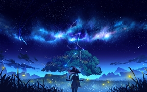 蓝色星空下的动漫女孩装扮女巫，在草原树下仰望星座，一幅动漫风景4K高清动漫壁纸
