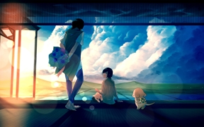 动漫男孩阳光下送鲜花给动漫女孩，窗外美丽彩色天空下小狗安静的站着的4K动漫图片风景壁纸
