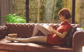 动漫女孩躺在客厅沙发看书，阳光洒落进来的4K高清动漫壁纸
