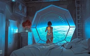 未来科幻太空房间里的机械人动漫女孩，宇宙空间床上小树看这星球4k动漫壁纸
