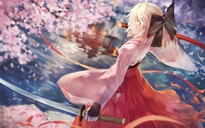 动漫女孩武士4k高清动漫壁纸，日本风格的动漫武士女孩在樱花纷飞的季节
