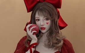 红裙动漫少女，红蝴蝶结拿着苹果的动漫少女，3D4K高清动漫壁纸

