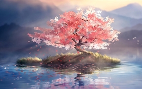 唯美壁纸动漫风景，孤独的树在湖水中倒影的动漫风景带鱼屏壁纸
